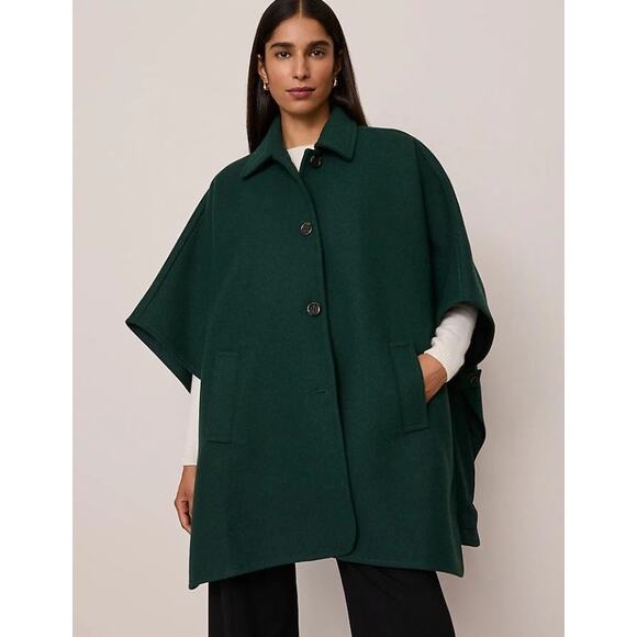 ANN TAYLOR NWT Buttoned Trench Cape Dark Green Wool Blend Women's MP - Picture 10 of 12